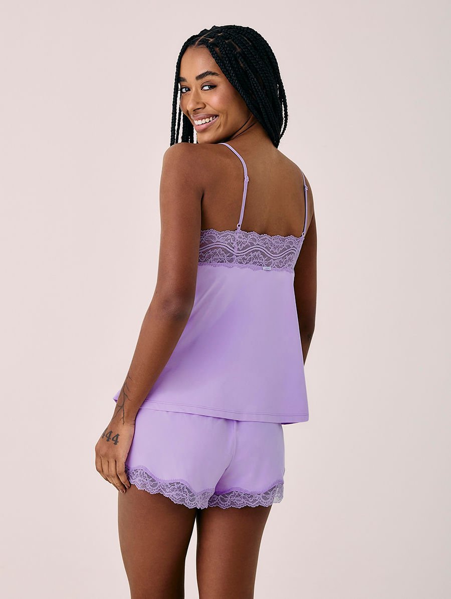 Short Doll Alças Finas Em Microfibra E Renda Love Stories Lilas Petala — foto 2