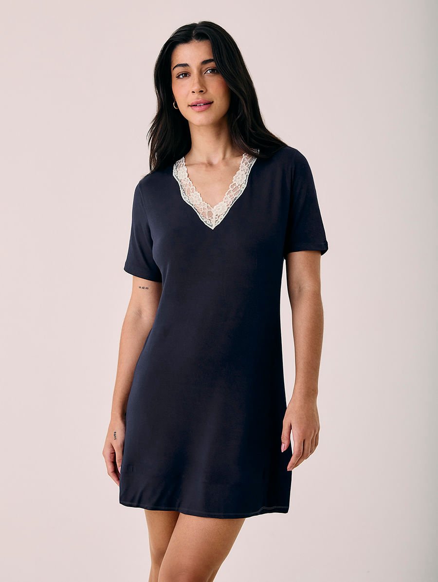 Camisola Manga Curta Decote V Em Viscose E Renda Moon Azul Diamond — foto 1