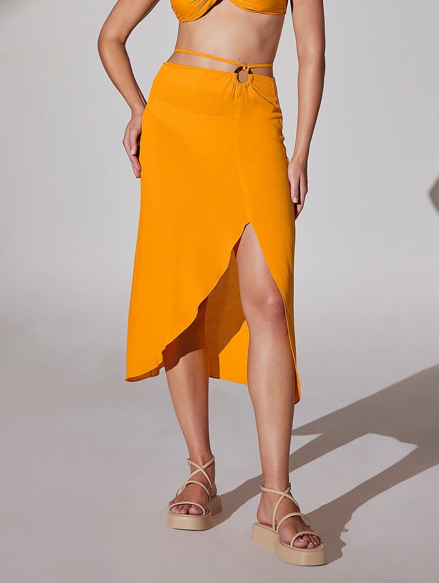 Saia Midi Com Fenda Frontal E Argola Laranja Mango — foto 1
