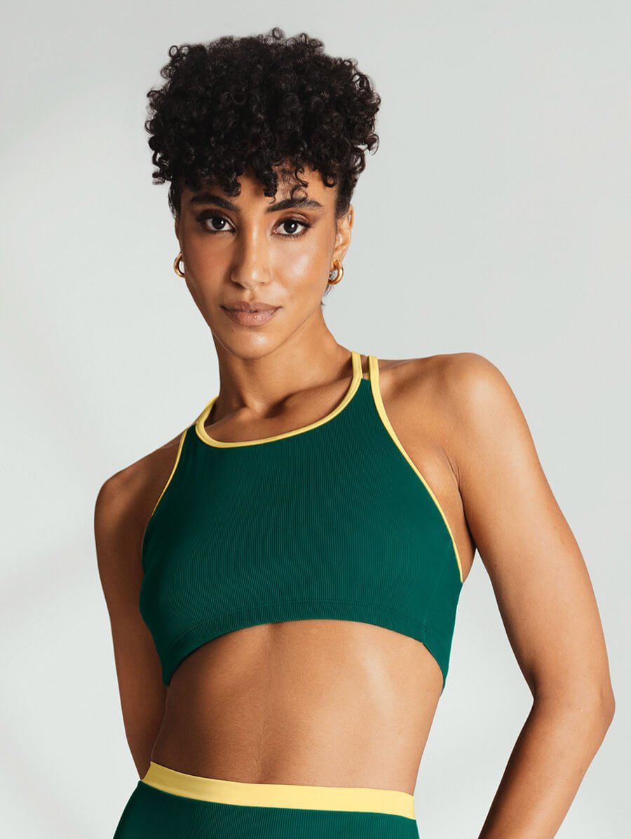 Top Cropped Canelado Bicolor Verde Malaquita E Amarelo — foto 1