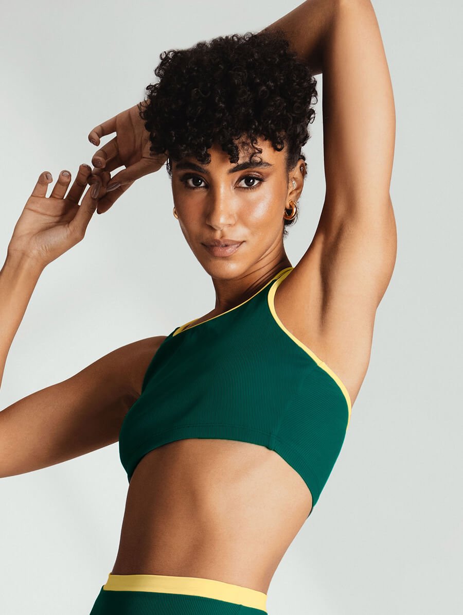 Top Cropped Canelado Bicolor Verde Malaquita E Amarelo — foto 4