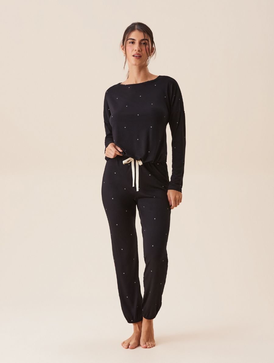 Pijama Longo Em Viscose Dreams Preto Com Poa Off White — foto 1