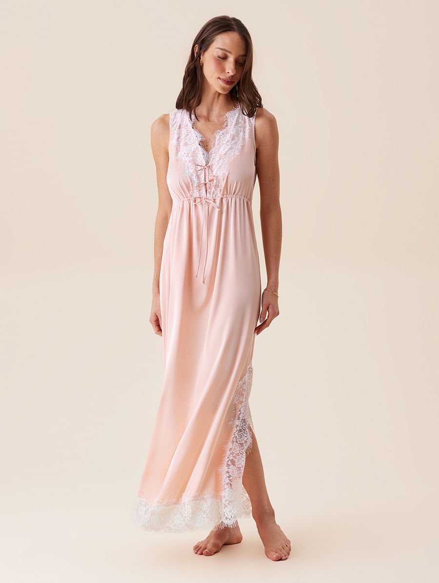 Camisola Longa Em Cetim E Renda Sweet Maternity Rosa Peach — foto 1