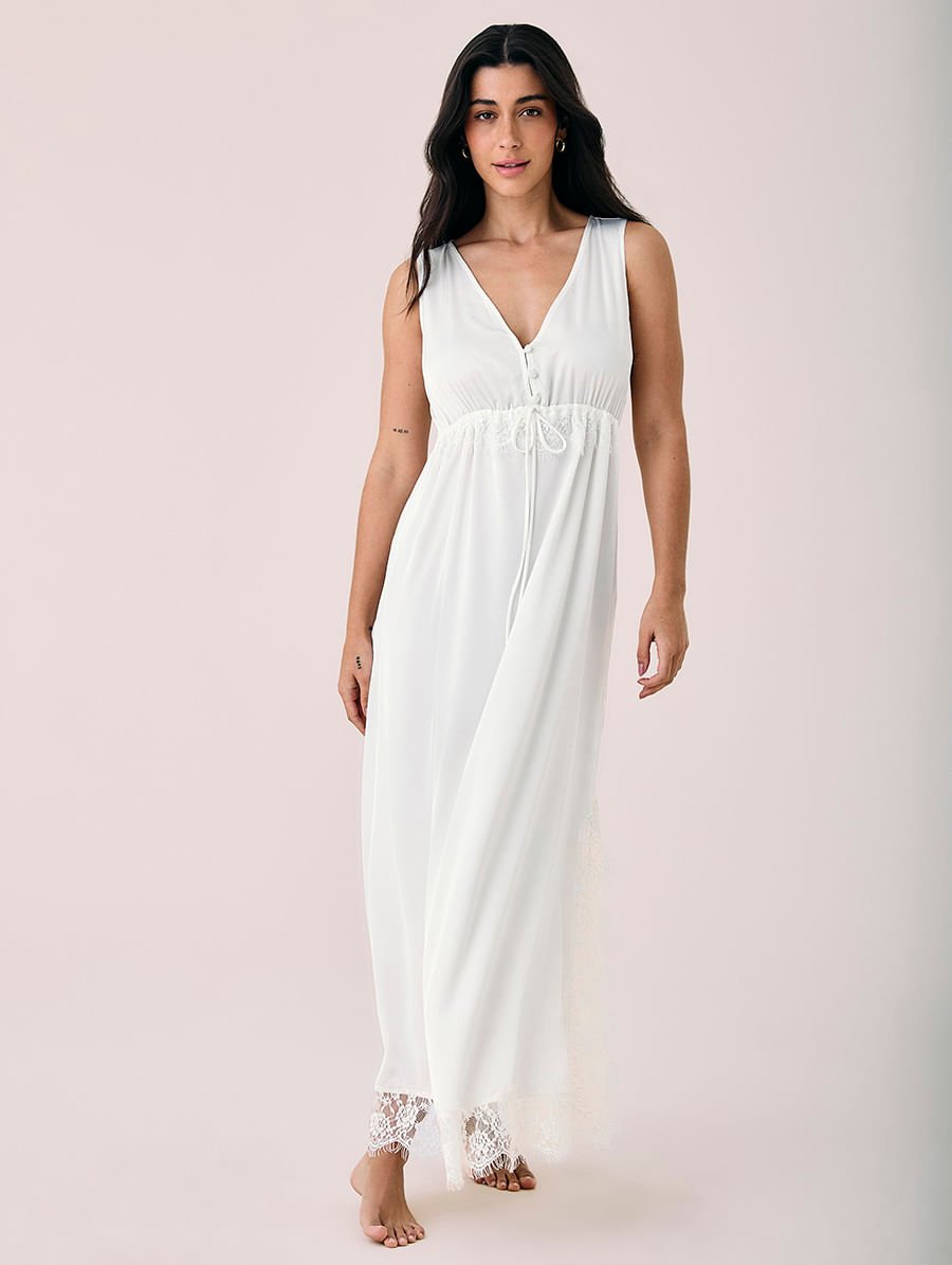 Camisola Longa Em Cetim E Renda Sweet Maternity Off White — foto 1