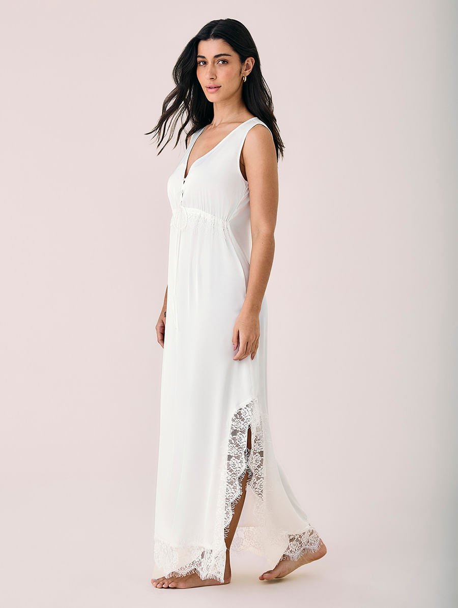 Camisola Longa Em Cetim E Renda Sweet Maternity Off White — foto 2