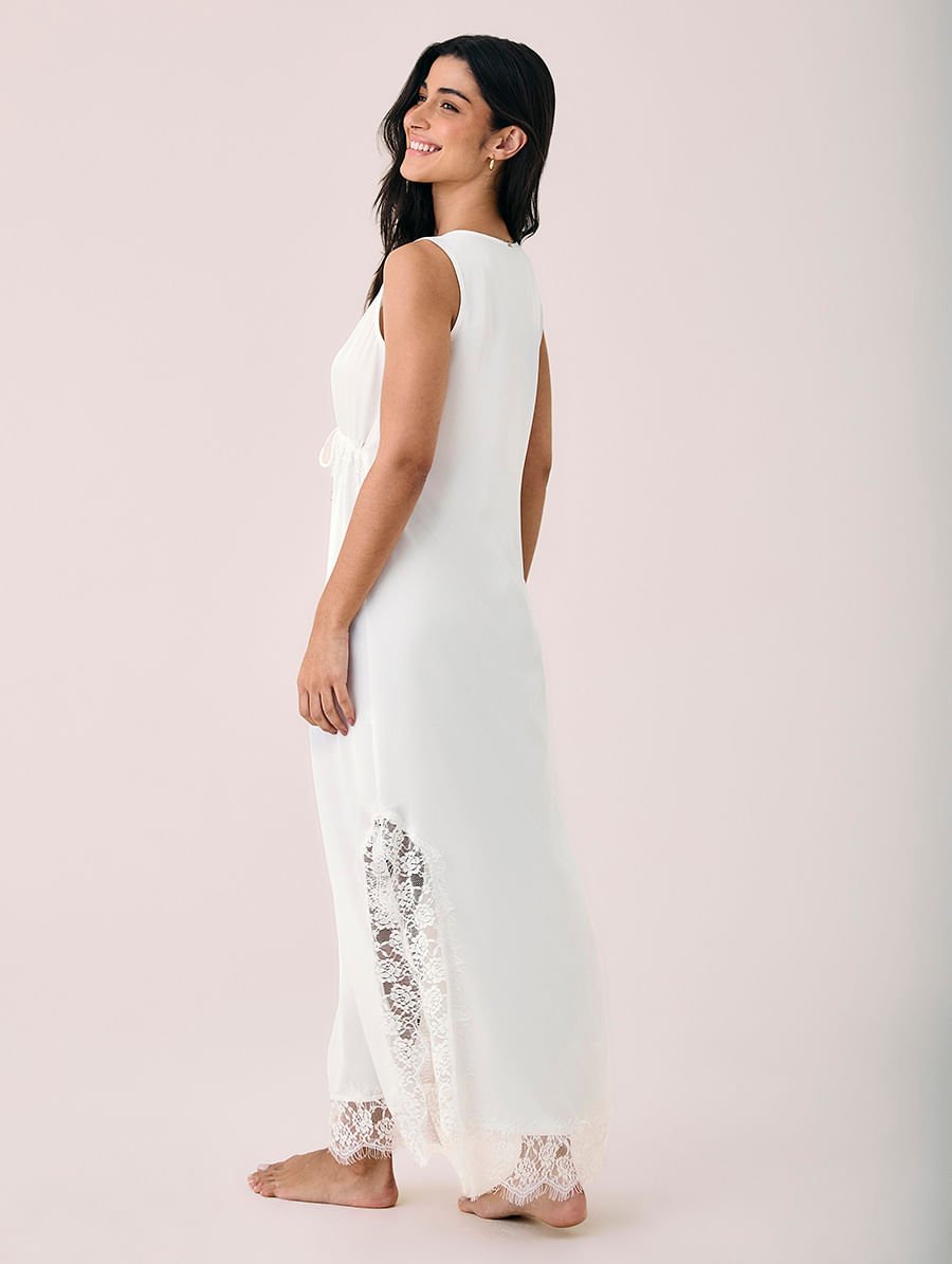 Camisola Longa Em Cetim E Renda Sweet Maternity Off White — foto 3