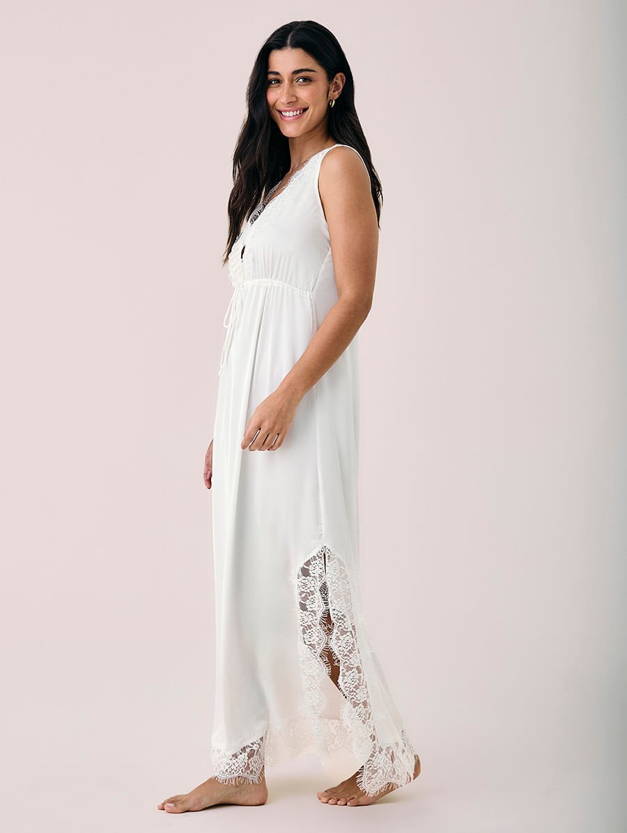 Camisola Longa Em Cetim E Renda Sweet Maternity Off White — foto 4