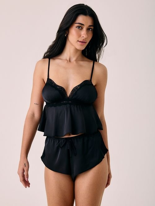 Baby Doll Alças Finas Em Cetim Com Renda Love Stories Glow Preto